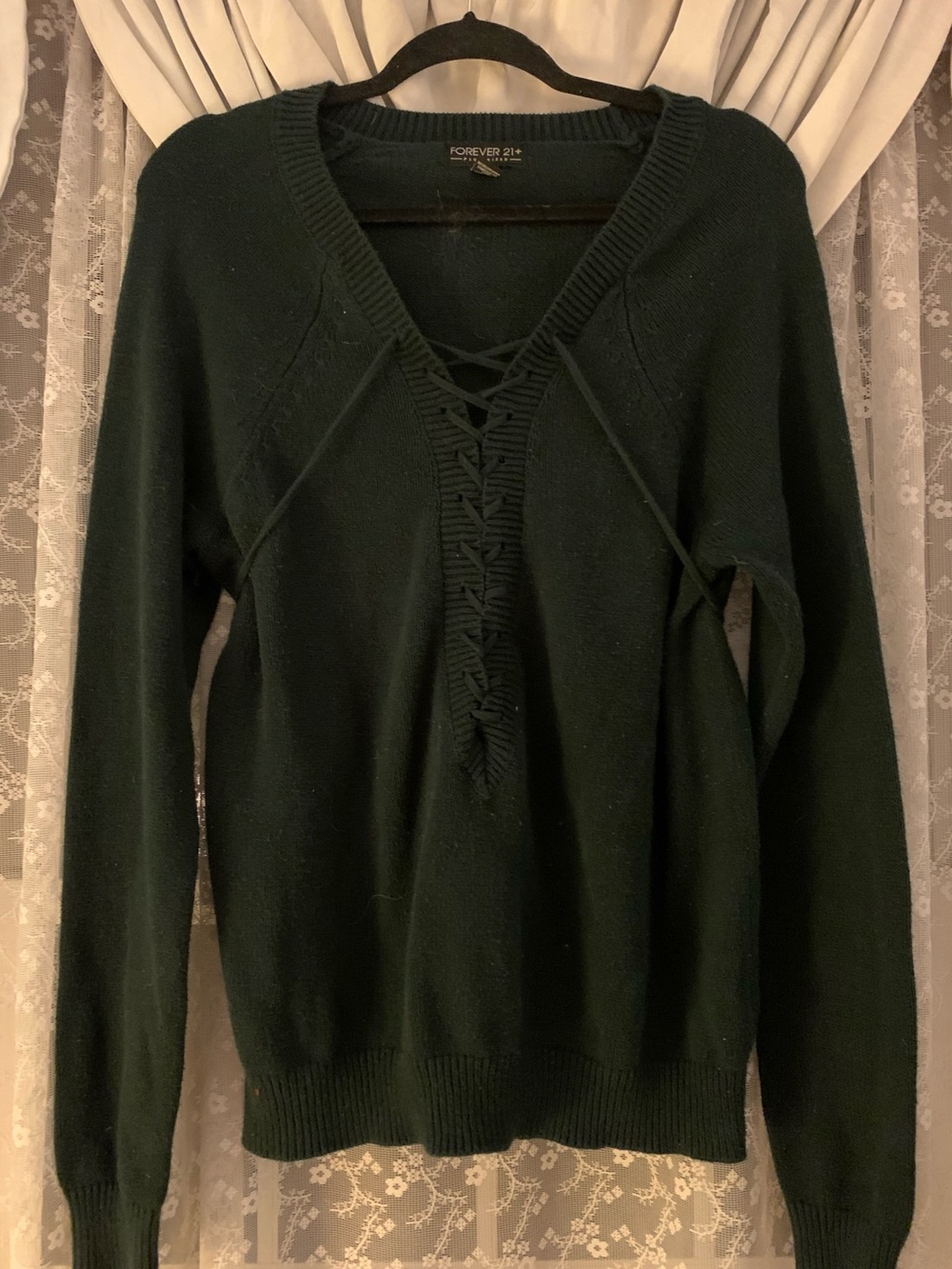 Forever 21 Dark Green V-Neck Lace-Up Sweater